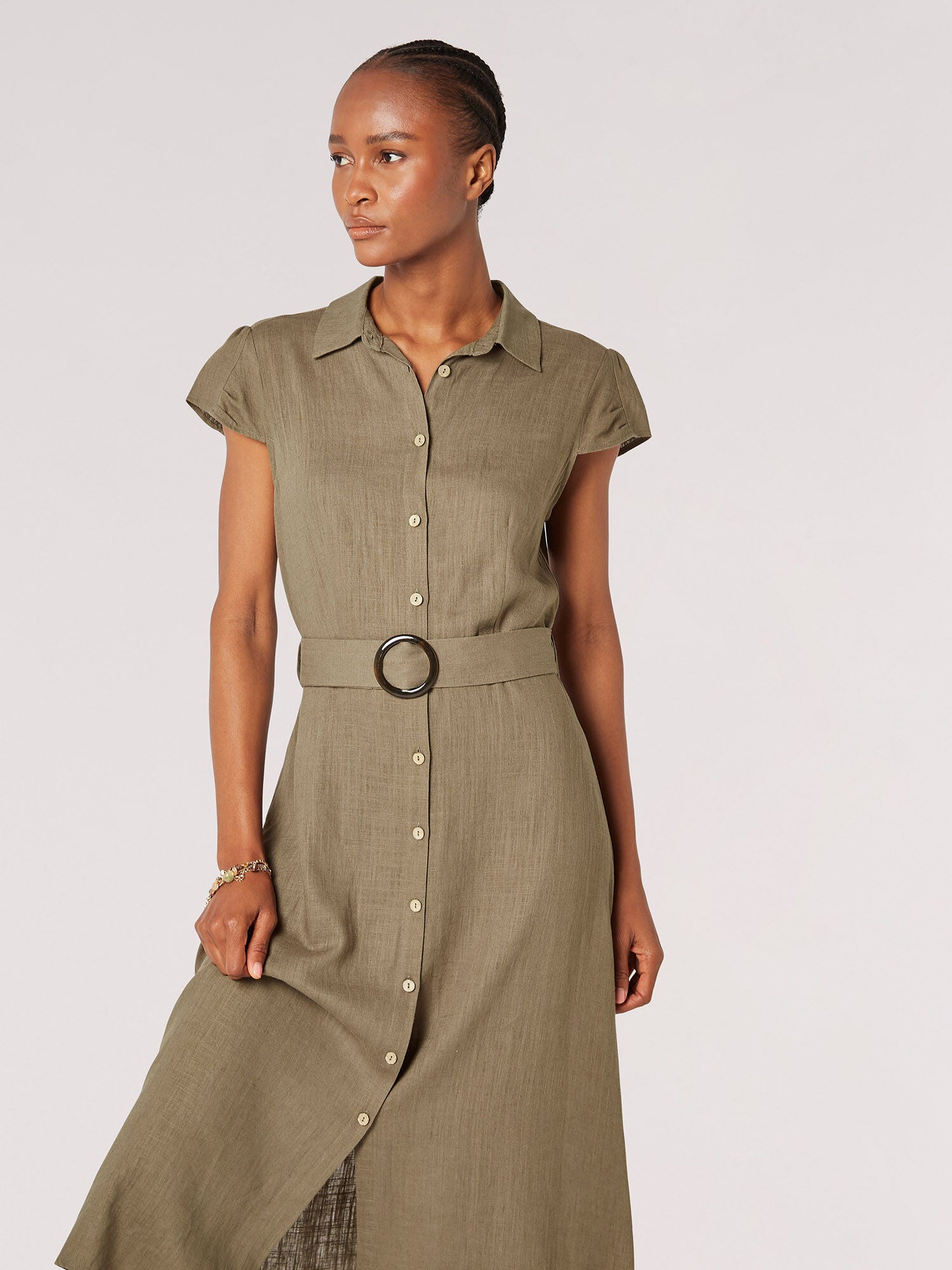 APRICOT - Linen Blend Belted Shirt Midi Dress - 843172 - Boutique Bubbles