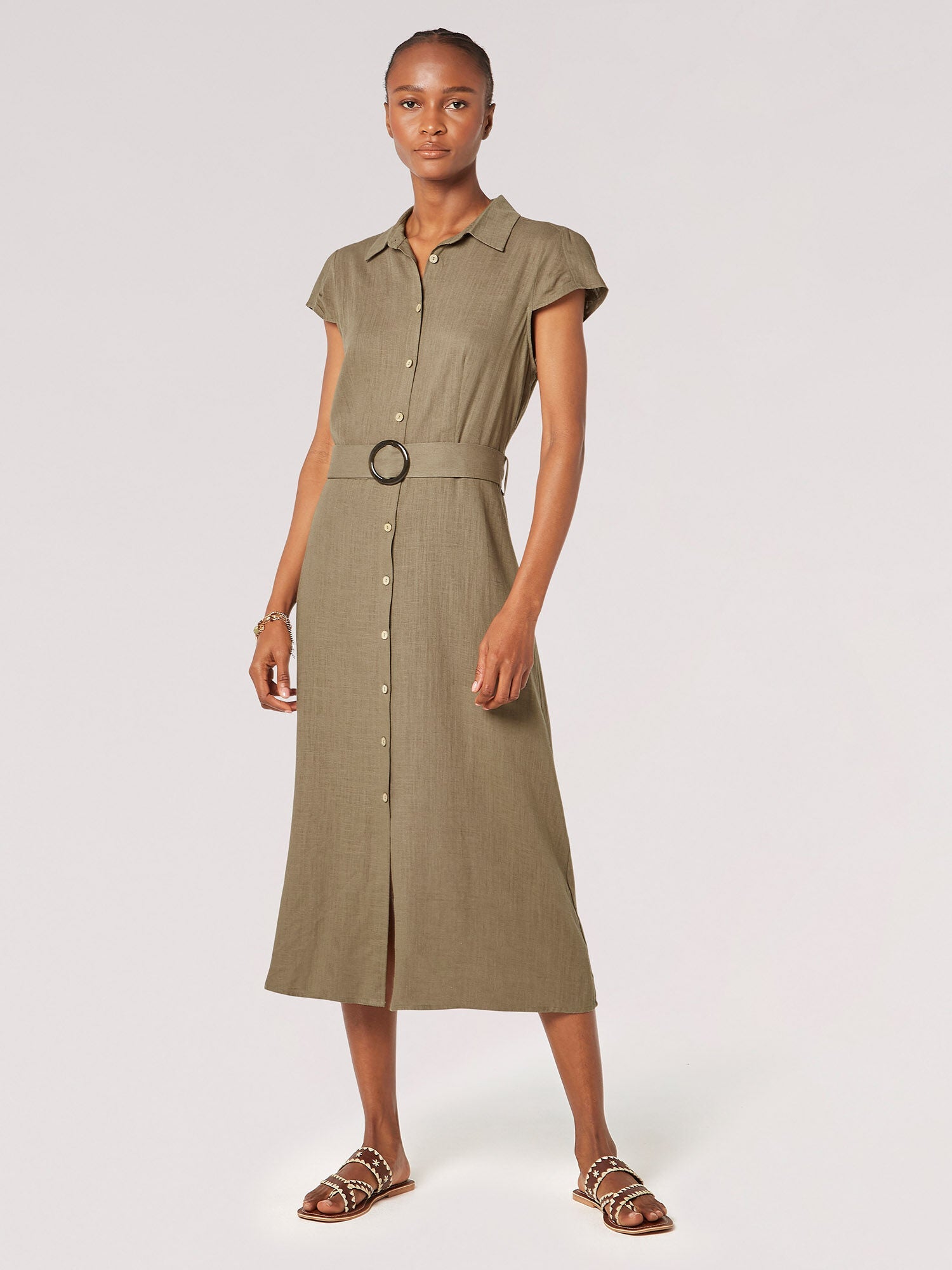 APRICOT - Linen Blend Belted Shirt Midi Dress - 843172 - Boutique Bubbles