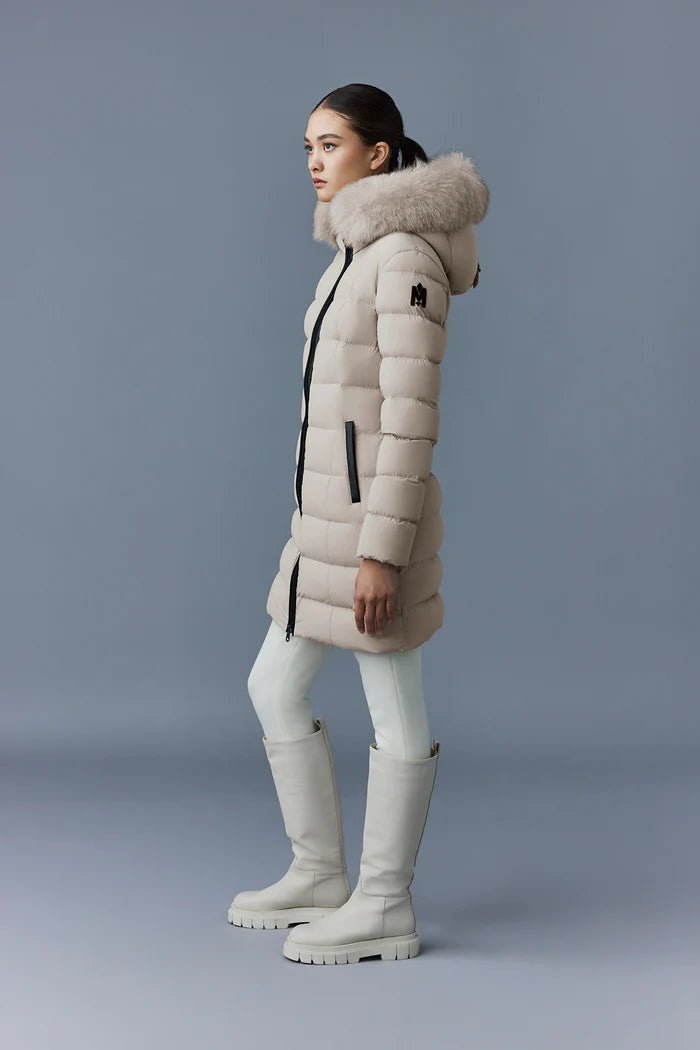 MACKAGE CALLA-BX - Agile-360 stretch light down coat with blue fox fur collar - Boutique Bubbles