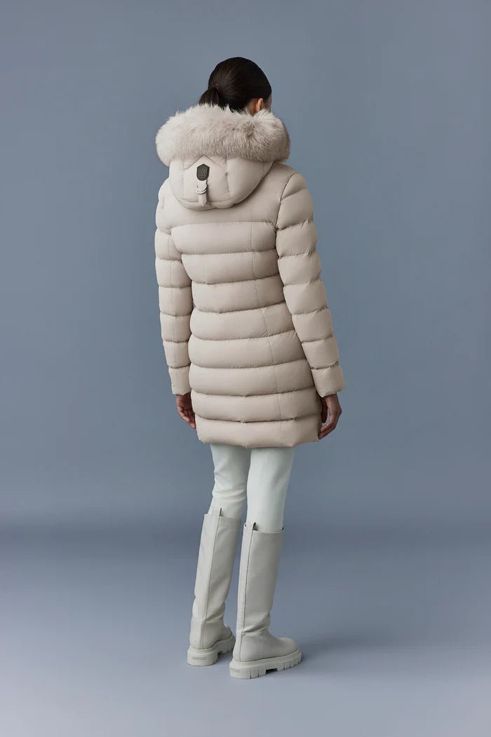 MACKAGE CALLA-BX - Agile-360 stretch light down coat with blue fox fur collar - Boutique Bubbles