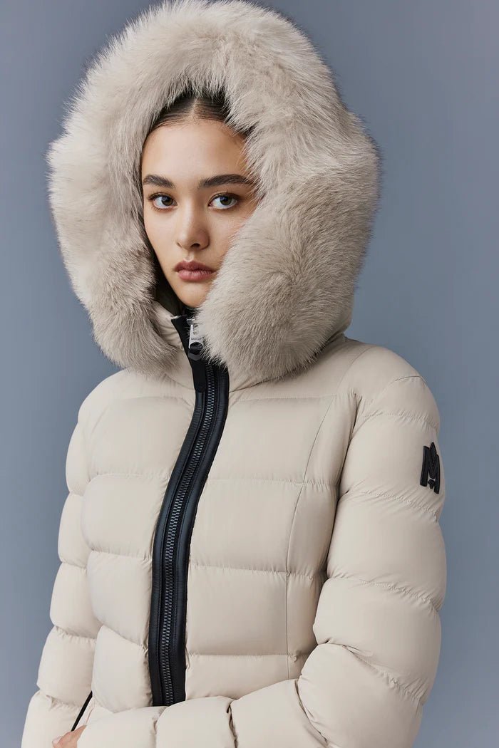 MACKAGE CALLA-BX - Agile-360 stretch light down coat with blue fox fur collar - Boutique Bubbles