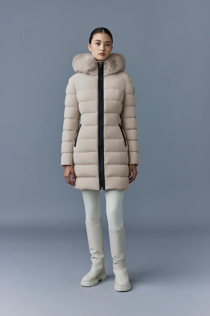 MACKAGE CALLA-BX - Agile-360 stretch light down coat with blue fox fur collar - Boutique Bubbles