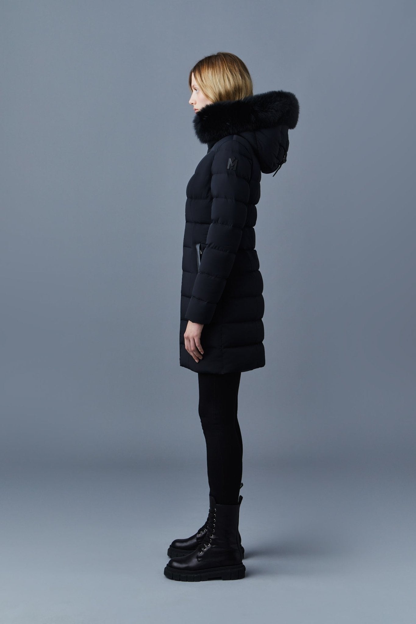 MACKAGE CALLA-BX stretch light down coat with blue fox fur trim - Boutique Bubbles