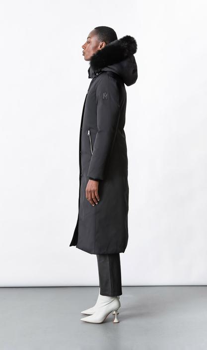 MACKAGE KELSIE-BX- long twill down coat with blue fox fur hood - Boutique Bubbles